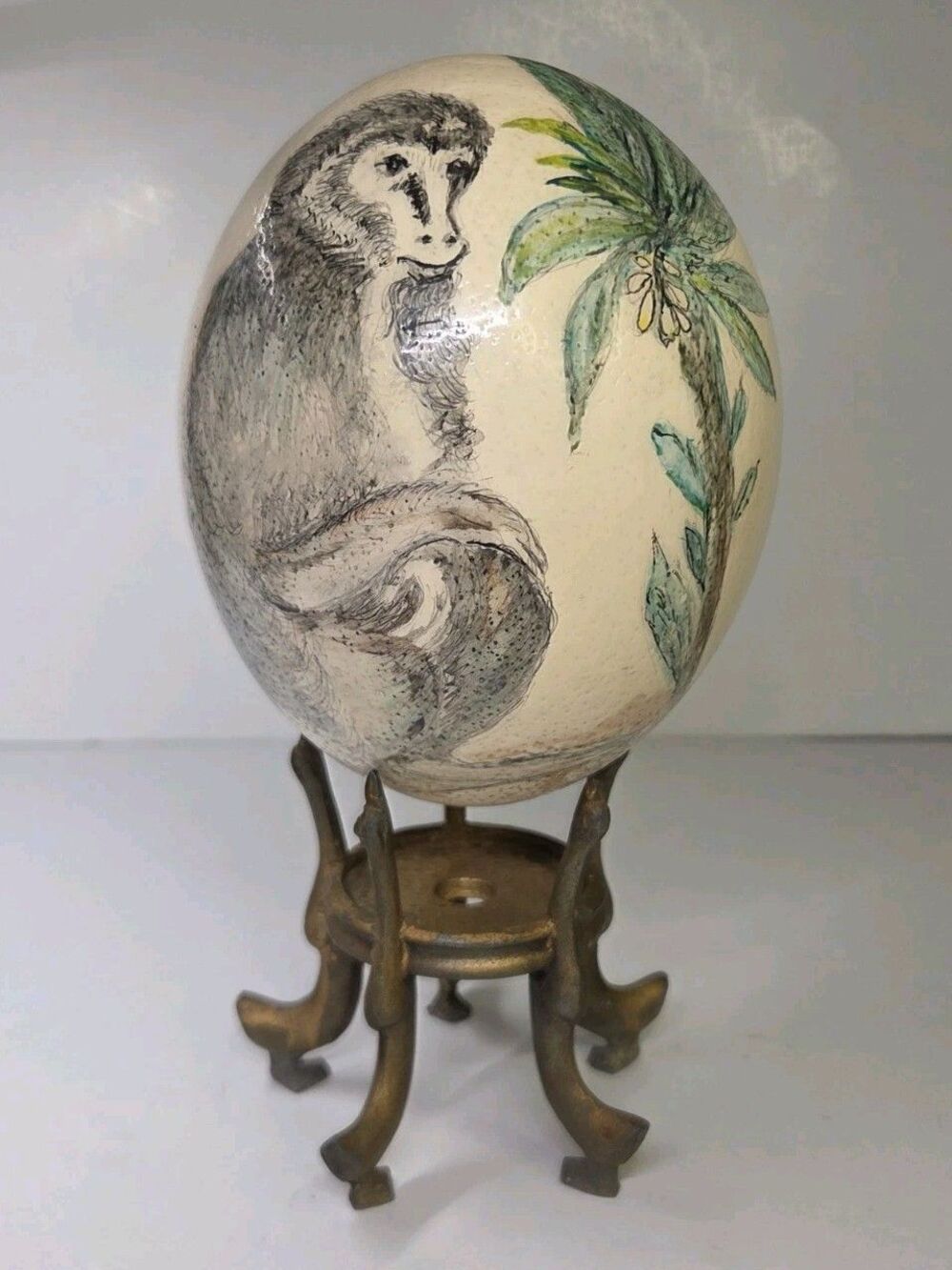 Hand Painted Ostrich Egg With Metal Swan Stand Monkey Palm Beach Regency Signed
